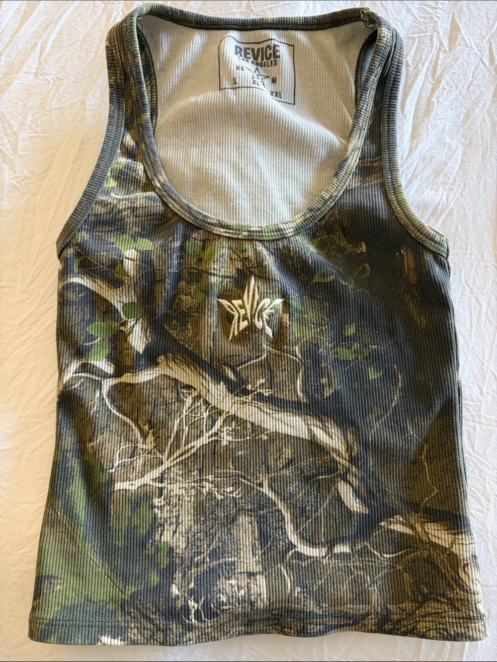 REVICE Camo Ribbed Tank Top in Green, Black and Brown